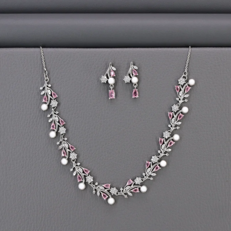 Cz Rhodium Necklace Set
